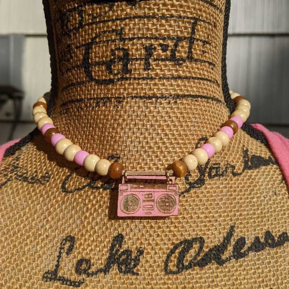 Vintage Boombox Wood & Craft Bead Choker w/ Cassette Player Pendant & Adjustable - Picture 1 of 6